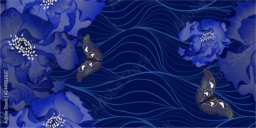 Vector. Fantasy flowers - decorative composition. Flowers with long petals. Wallpaper. Seamless patterns Use printed materials, patterns for fabrics, posters, cards, packaging.