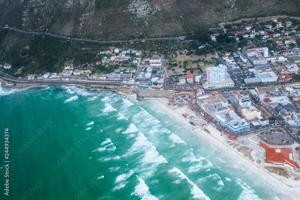 Aerial view of the beach wand Atlantic Ocean at Fish Hoek on the cape peninsula, Cape Town, South Africa