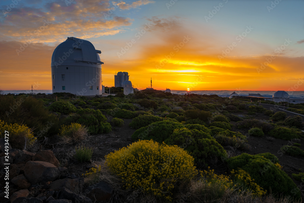 astronomical observatory during the sunrise. Izana Mountain, Tenerife astronomical observatory during the sunrise. Izana Mountain, Tenerife