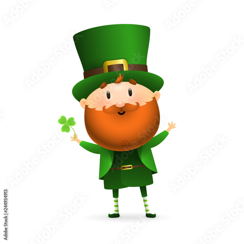 Bearded leprechaun with clover leaf. Happy dancing Irish man in green costume and hat. Can be used for topics like Saint Patrick day, character, holiday