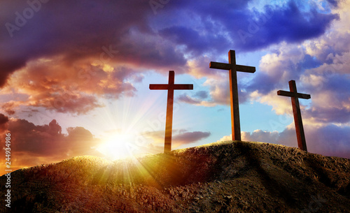 Photographie Crucifixion Of Jesus Christ At Sunrise - Three Crosses On Hill