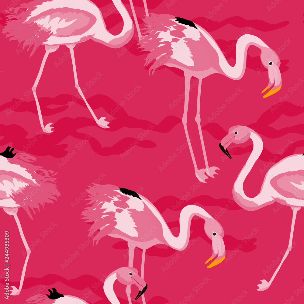 Fototapeta premium Tropical seamless pattern with flamingos.Summer background with bird. Exotic seamless pattern with pink flamingo.