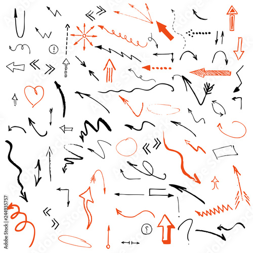 Arrows and abstract shapes doodle writing design vector set.