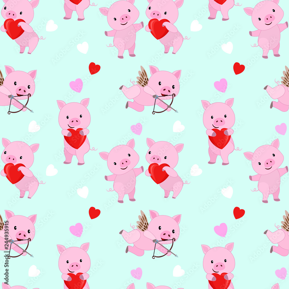 Cute pink pig with red heart shape seamless pattern.