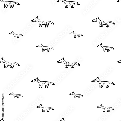 Fox draw by hand seamless pattern. Black and white Vector background for textiles