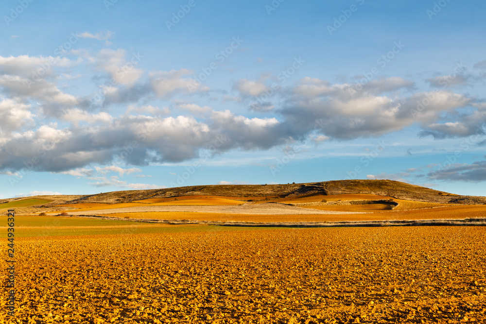 Tierras de cultivo de secano, loma y cielo azul con nubes. Comarca de Los Oteros. Tierras de cultivo de secano, loma y cielo azul con nubes. Comarca de Los Oteros.