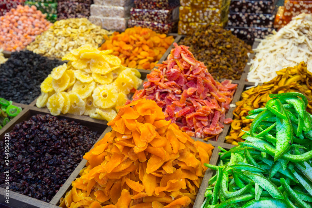 Assorted dried fruits at bazaar in Turkey