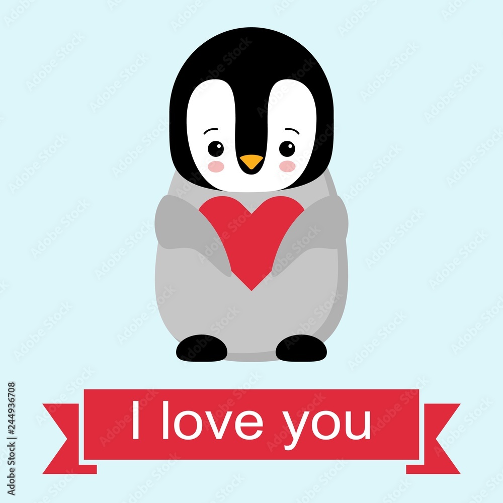 Obraz premium Happy Valentines day in love penguin. Penguin holding a heart. Plush toys penguin with heart. Gift. Kawaii.