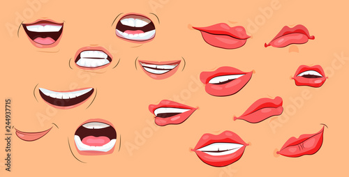 Smiles and lips icons set. Flat icons on beige background. Lips, teeth, smile. Human face concept. Vector illustration can be used for topics like psychology, anatomy, emotions