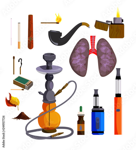 Smoking devices icons set. Vector icons collection on white background, Hookah, lungs, cigar, cigarette. Smoking concept. Illustration can be used for topics like tobacco shop, unhealthy lifestyle