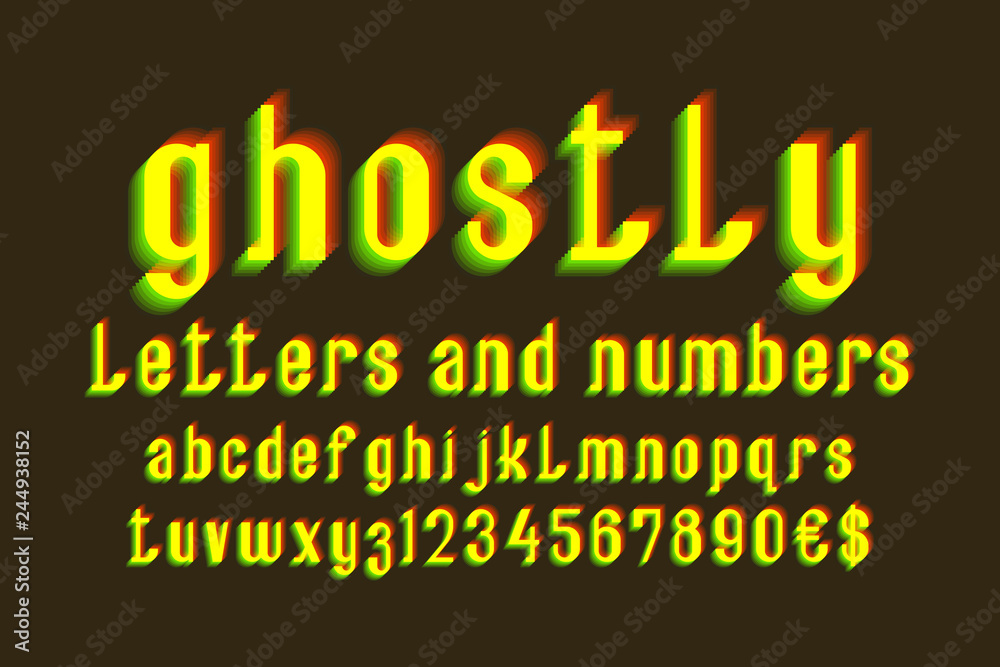 Ghostly letters and numbers with currency signs. Yellow vibrating font. Isolated english alphabet.