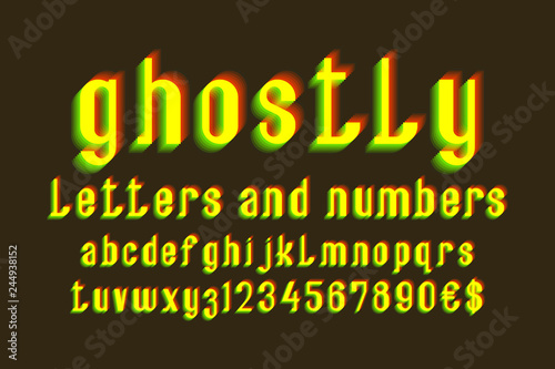 Ghostly letters and numbers with currency signs. Yellow vibrating font. Isolated english alphabet.