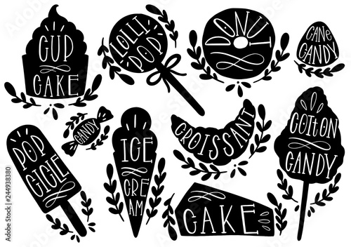 Candy set vector illustration. Shape cupcake,icecream,donut, popcicle, cottoncandt, lollipop, croissant. Stamp icon hand draw.