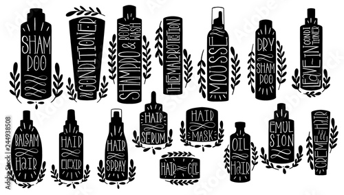Beauty hair care set hand draw. Shape cosmetic conditioner, mosse, dryshampoo, text, leavein, balsam, elexir, serum, mask, gel, emulsion,shampoo oil. Label Hand made production