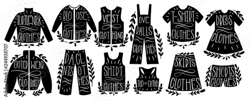 Fashion clothing collection set hand draw. Shape text blouse, turtleneck, vest, overalls, outwear, top, skirts, dress,shirt,short. Label Hand made production