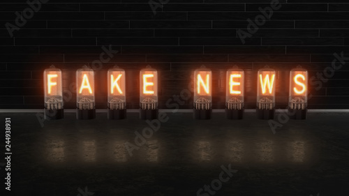 inscription fake news is burning on old television lamps against a black wall, 3d illustration