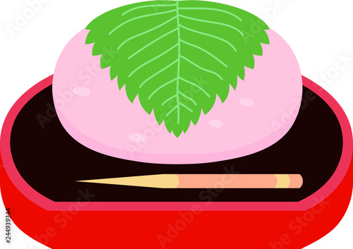 Bean paste rice cake wrapped in a cherry leaf