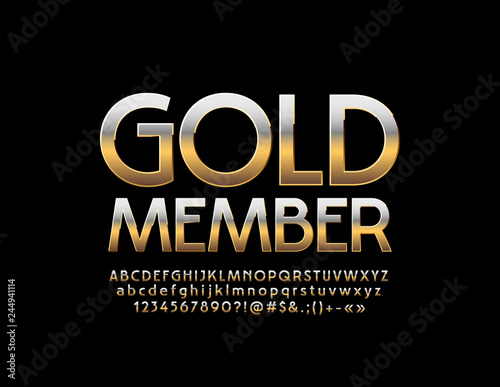 Vector stylish emblem Gold Member with chic Alphabet. Set of Elegant Letters, Numbers and Symbols. Bright unique Font.
