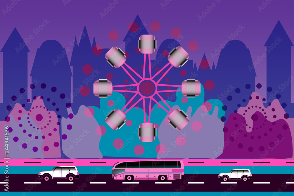 Two cars, bus and ferris wheel on city background Two cars, bus and ferris wheel on city background