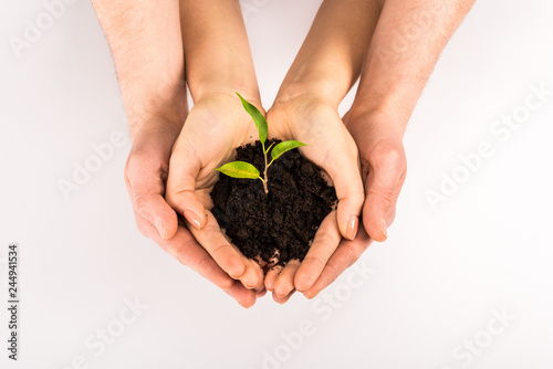 cropped view of woman and man holding soil with sprout isolated on white, earth day concept