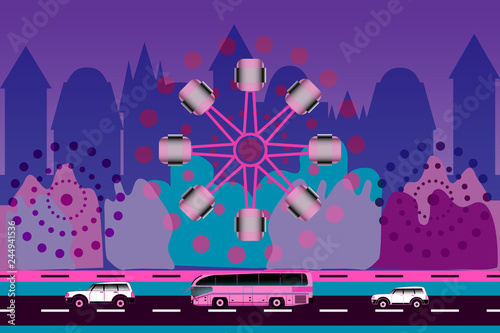 Two cars, bus and ferris wheel on city background