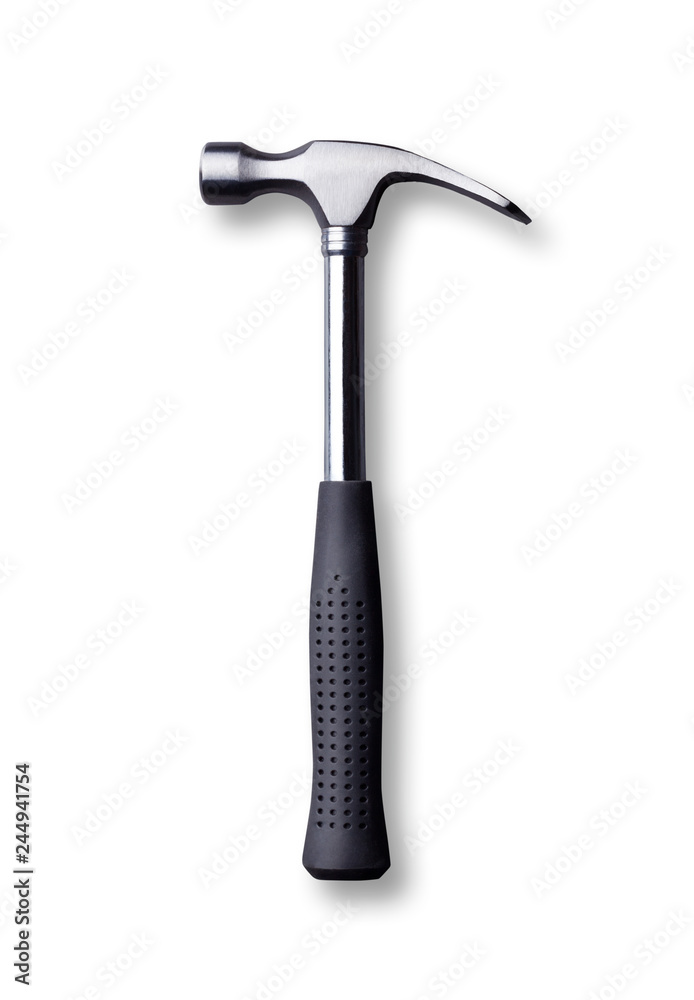Silver metal hammer tool with black rubber handle isolated on white Silver metal hammer tool with black rubber handle isolated on white