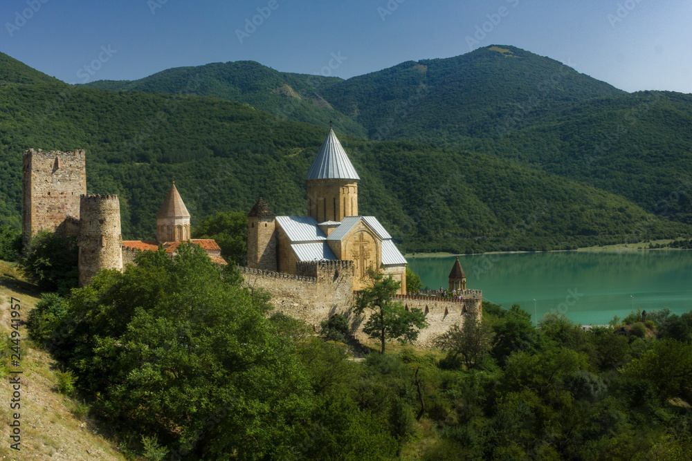 Monastery of ananuri church, towers and lake, georgia.