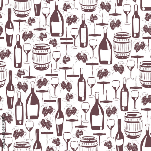 Wine seamless pattern. Hand-drawn wine barrel, wine bottles, glasses, grape leaves and corkscrew. Vector pattern for wine card decoration, for interior decoration, for wrapping paper, for textiles, et