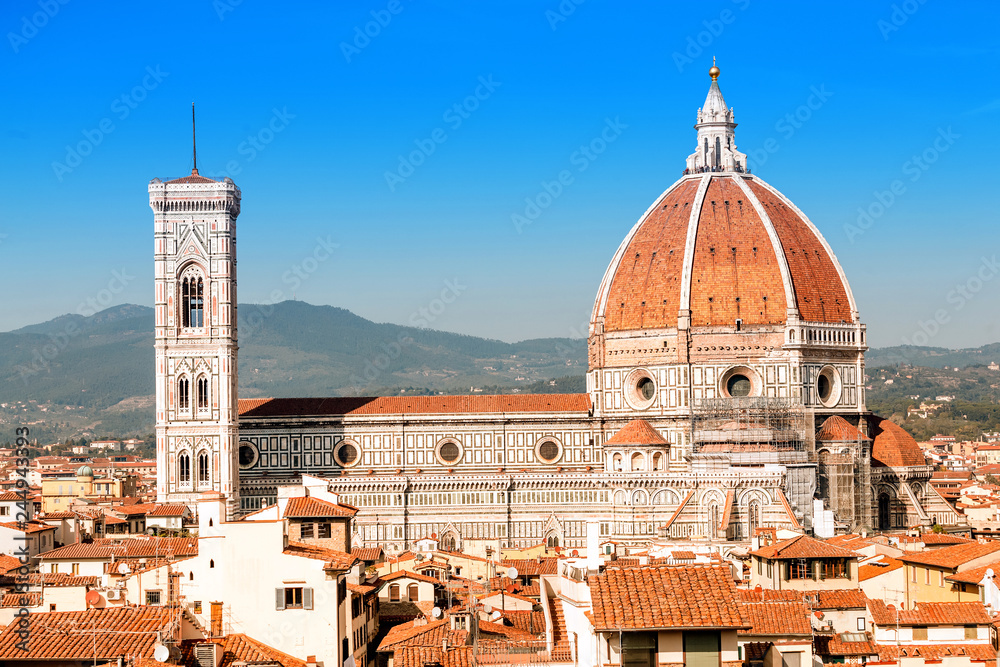 Aerial view of Duomo Cathedral main tourist landmark in Florence, Italy