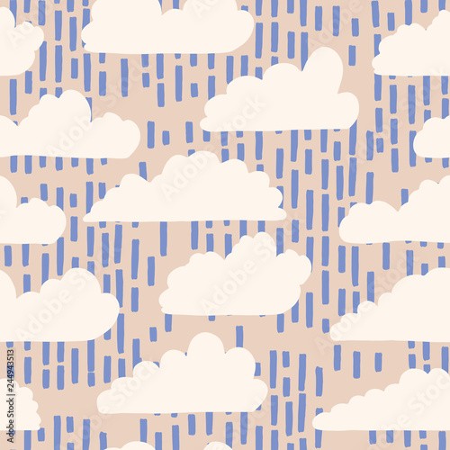 Hand drawn vector rain cloud illustration. Seamless repeating pattern of white fluffy rainy day lineart on cloudy background. Sketchy creative lineart for cloudy wallpaper, kids fashion or weather art