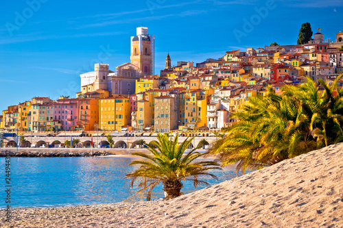 Colorful Cote d Azur town of Menton beach and architecture view