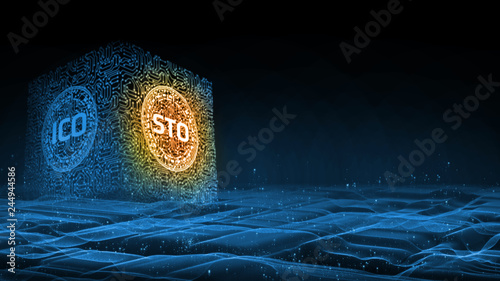 3D Rendering background. Security Token Offering (STO) is replacing Initial Coin Offering (ICO) as a new proposing technology for crypto currency. Glowing led text over computer circuit board.  photo