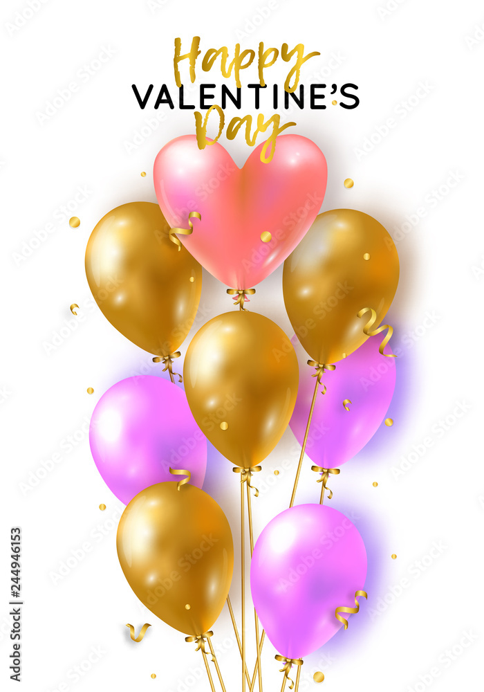 Vector holiday romantic illustration with realistic 3D flying bunch of air balloon hearts, confetti and ribbons. Trendy Valentine's Day invitation, poster or festive greeting card Vector holiday romantic illustration with realistic 3D flying bunch of air balloon hearts, confetti and ribbons. Trendy Valentine's Day invitation, poster or festive greeting card
