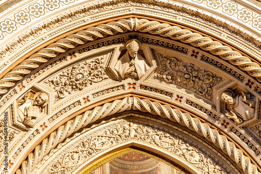 Famous tourist landmark Duomo Basilica Cathedral in Florence, detail closeup view