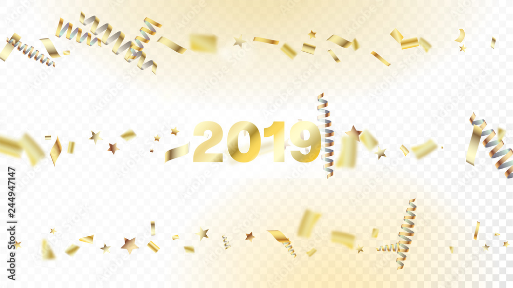 Modern New Year Confetti Realistic Falling Golden Tinsel.  Cool Elegant Christmas, New Year, Birthday Party Holiday Frame. Horizontal Dotted Explosion Background. New Year Confetti Golden Tinsel