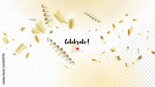 Modern Gold Confetti, Falling Stars, Streamers, Tinsel. Horizontal Shiny Particles Background. Cool Platinum Christmas, New Year, Birthday Party Holiday Frame. Gold Confetti, Falling Down Stars.