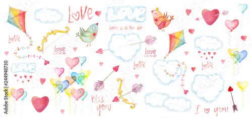 Saint Valentines day card, childish design. Romantic illustration with love birds, hearts and arrows, clouds and kites. Watercolor hand drawn holiday decoration