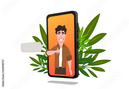 Young man character on smartphone screen puts thumb up feedback in service application. Customer feedback online review site landing page. Customer centricity reputation management concept vector