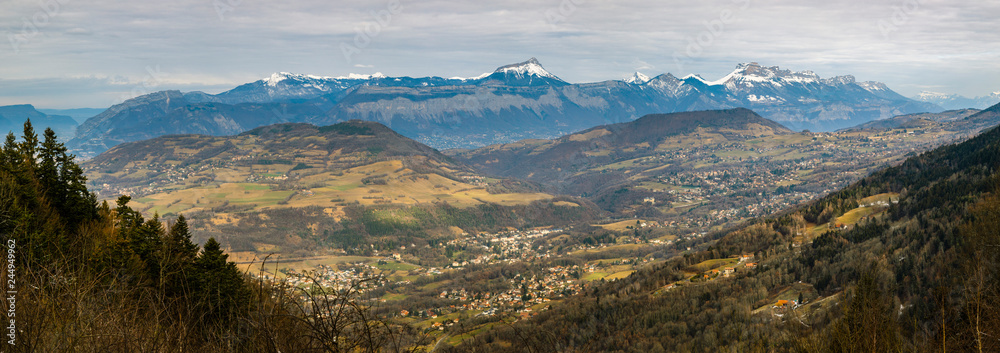 View of the whole Chartreuse mountains range from the Belledonne moutains, Isere, France