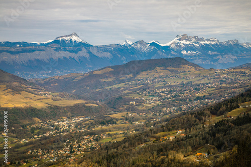 View of the whole Chartreuse mountains range from the Belledonne moutains, Isere, France