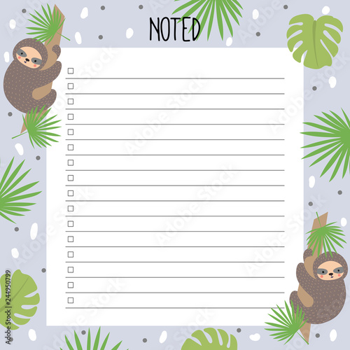 Planner with a cute sloth in Scandinavian style. For printing on paper. Hand-drawn.