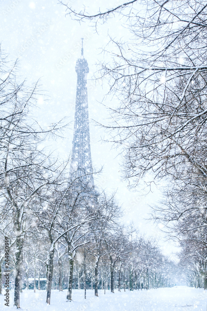 Winter in Paris, Eiffel tower coverd with snow. France