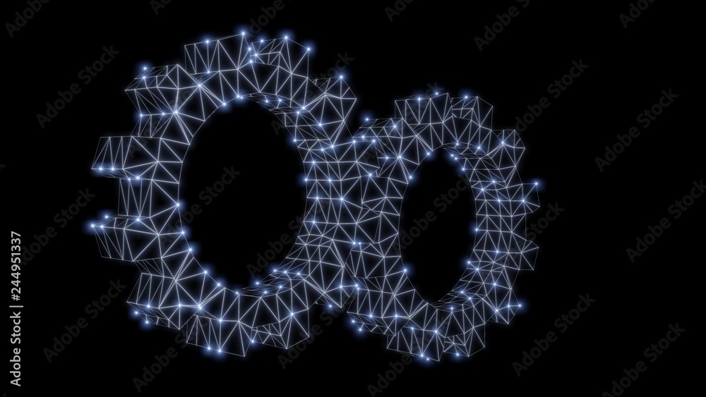 Wire-frame gear with luminous dots. 3d illustration