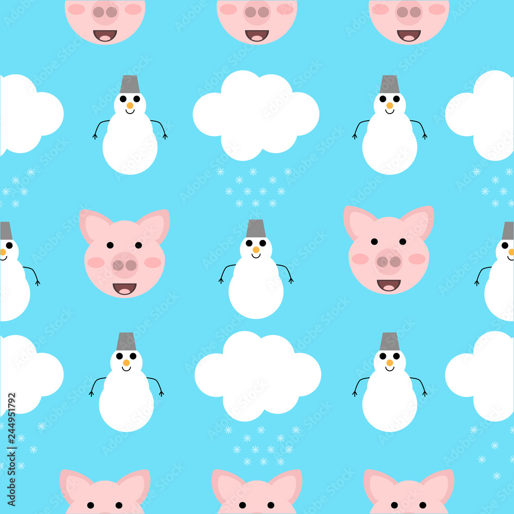 Cute pig seamless pattern with white clouds snowflake and snowman