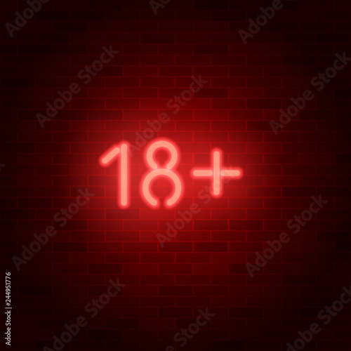 Neon vector adult sign 18 plus on brick wall. Age rating symbol