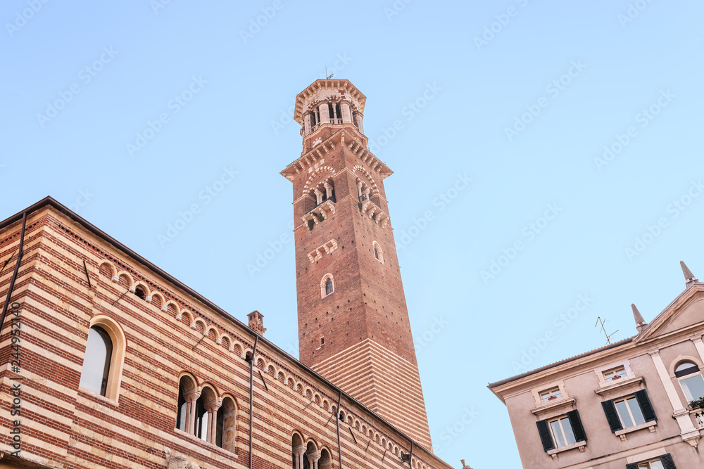 Verona old town square with view of Lamberti tower, tourist destination