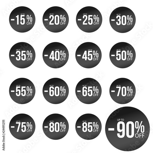 black discount stickers set with sale percents numbers. From ten to eighty five
