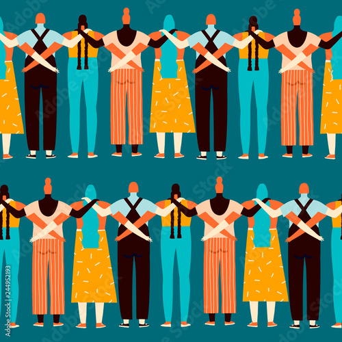 Women of different nationalities, religions and ethnicity standing for their rights seamless pattern.