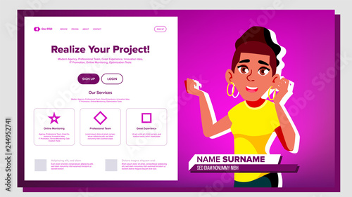 Self Presentation Vector. African American Female. Introduce Yourself Or Your Project, Business. Illustration