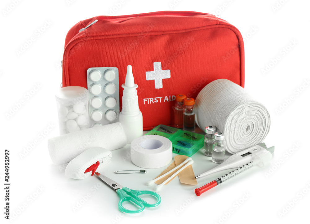 First aid kit on white background - obrazy, fototapety, plakaty 